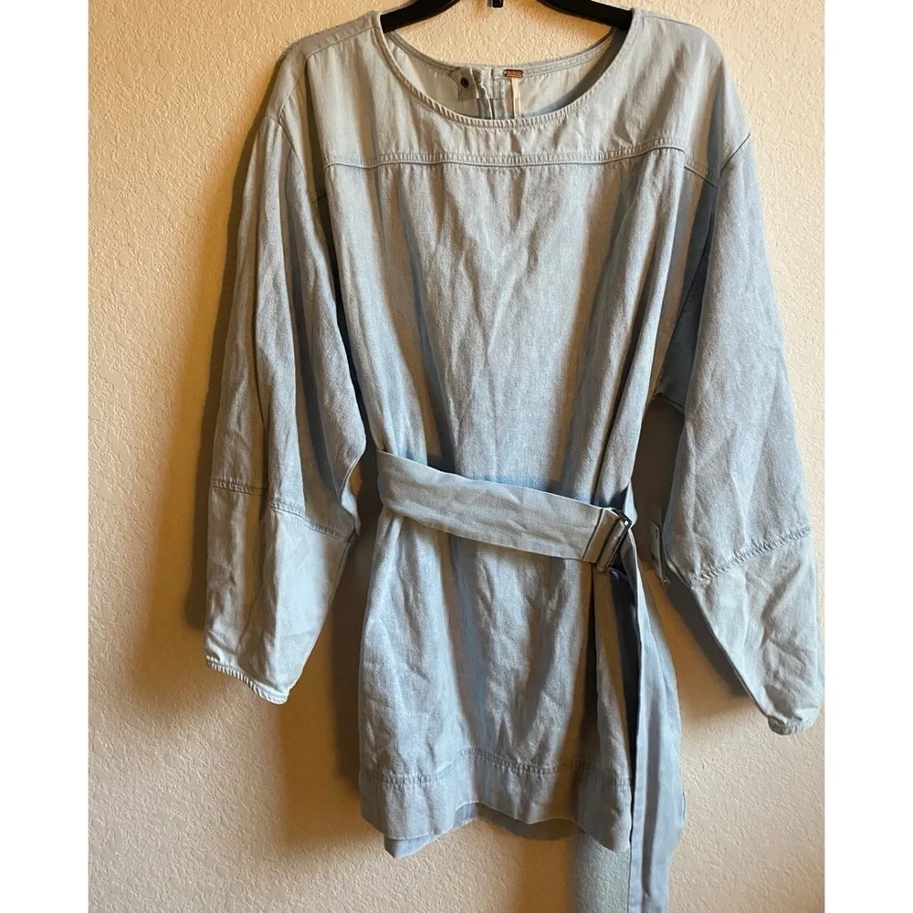 Free People Ora Denim Mini Stylish Two Toned Light Blue Belted Mini Dress Sz L